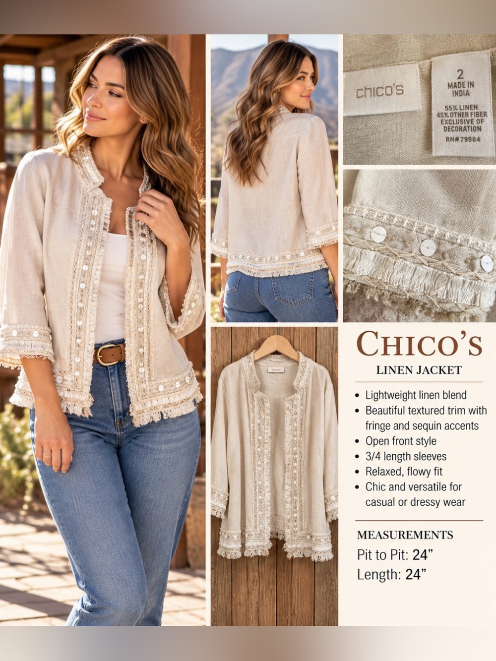 Chico's Cream Linen-Blend Fringe & Sequin Trim Jacket